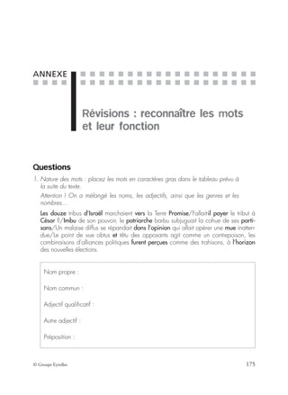 ■ ■ ■ ■
■ ■ ■ ■ ■ ■ ■ ■ ■ ■ ■ ■ ■ ■ ■ ■ ■ ■ ■
■ ■ ■ ■ ■ ■ ■ ■ ■ ■ ■ ■ ■ ■ ■ ■ ■ ■ ■
© Groupe Eyrolles 175
ANNEXE
Révisions : reconnaître les mots
et leur fonction
Questions
1. Nature des mots : placez les mots en caractères gras dans le tableau prévu à
la suite du texte.
Attention ! On a mélangé les noms, les adjectifs, ainsi que les genres et les
nombres…
Les douze tribus d’Israël marchaient vers la Terre Promise/Fallait-il payer le tribut à
César ?/Imbu de son pouvoir, le patriarche barbu subjuguait la cohue de ses parti-
sans/Un malaise diffus se répandait dans l’opinion qui allait opérer une mue inatten-
due/Le point de vue obtus et têtu des opposants agit comme un contrepoison, les
combinaisons d’alliances politiques furent perçues comme des trahisons, à l’horizon
des nouvelles élections.
Nom propre :
Nom commun :
Adjectif qualiﬁcatif :
Autre adjectif :
Préposition :
 