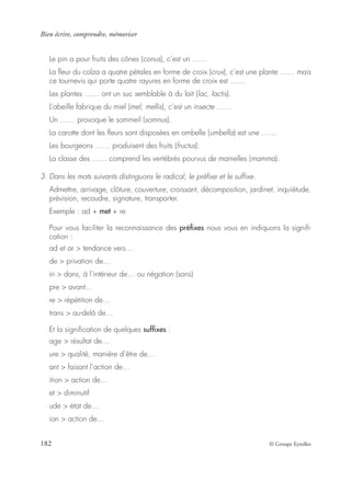 Bien écrire, comprendre, mémoriser
182 © Groupe Eyrolles
Le pin a pour fruits des cônes (conus), c’est un ……
La ﬂeur du colza a quatre pétales en forme de croix (crux), c’est une plante …… mais
ce tournevis qui porte quatre rayures en forme de croix est ……
Les plantes …… ont un suc semblable à du lait (lac, lactis).
L’abeille fabrique du miel (mel, mellis), c’est un insecte ……
Un …… provoque le sommeil (somnus).
La carotte dont les ﬂeurs sont disposées en ombelle (umbella) est une ……
Les bourgeons …… produisent des fruits (fructus).
La classe des …… comprend les vertébrés pourvus de mamelles (mamma).
3. Dans les mots suivants distinguons le radical, le préﬁxe et le sufﬁxe.
Admettre, arrivage, clôture, couverture, croissant, décomposition, jardinet, inquiétude,
prévision, recoudre, signature, transporter.
Exemple : ad + met + re
Pour vous faciliter la reconnaissance des préﬁxes nous vous en indiquons la signiﬁ-
cation :
ad et ar > tendance vers…
de > privation de…
in > dans, à l’intérieur de… ou négation (sans)
pre > avant…
re > répétition de…
trans > au-delà de…
Et la signiﬁcation de quelques sufﬁxes :
age > résultat de…
ure > qualité, manière d’être de…
ant > faisant l’action de…
ition > action de…
et > diminutif
ude > état de…
ion > action de…
 