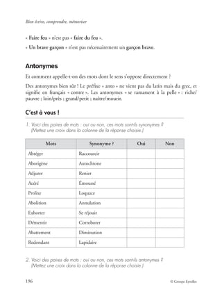 Bien écrire, comprendre, mémoriser
196 © Groupe Eyrolles
« Faire feu » n’est pas « faire du feu ».
« Un brave garçon » n’est pas nécessairement un garçon brave.
Antonymes
Et comment appelle-t-on des mots dont le sens s’oppose directement ?
Des antonymes bien sûr ! Le préﬁxe « anto » ne vient pas du latin mais du grec, et
signiﬁe en français « contre ». Les antonymes « se ramassent à la pelle » : riche/
pauvre ; loin/près ; grand/petit ; naître/mourir.
C’est à vous !
1. Voici des paires de mots : oui ou non, ces mots sont-ils synonymes ?
(Mettez une croix dans la colonne de la réponse choisie.)
2. Voici des paires de mots : oui ou non, ces mots sont-ils antonymes ?
(Mettez une croix dans la colonne de la réponse choisie.)
Mots Synonyme ? Oui Non
Abréger Raccourcir
Aborigène Autochtone
Adjurer Renier
Acéré Émoussé
Prolixe Loquace
Abolition Annulation
Exhorter Se réjouir
Démentir Corroborer
Abattement Diminution
Redondant Lapidaire
 