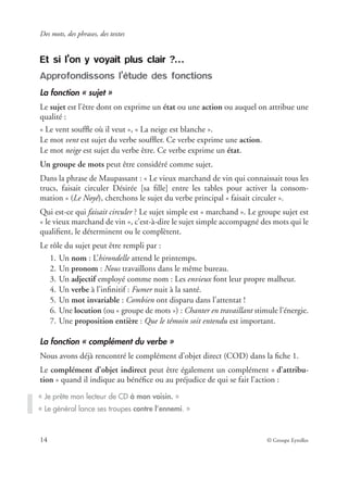 Des mots, des phrases, des textes
14 © Groupe Eyrolles
Et si l’on y voyait plus clair ?…
Approfondissons l’étude des fonctions
La fonction « sujet »
Le sujet est l’être dont on exprime un état ou une action ou auquel on attribue une
qualité :
« Le vent soufﬂe où il veut », « La neige est blanche ».
Le mot vent est sujet du verbe soufﬂer. Ce verbe exprime une action.
Le mot neige est sujet du verbe être. Ce verbe exprime un état.
Un groupe de mots peut être considéré comme sujet.
Dans la phrase de Maupassant : « Le vieux marchand de vin qui connaissait tous les
trucs, faisait circuler Désirée [sa ﬁlle] entre les tables pour activer la consom-
mation » (Le Noyé), cherchons le sujet du verbe principal « faisait circuler ».
Qui est-ce qui faisait circuler ? Le sujet simple est « marchand ». Le groupe sujet est
« le vieux marchand de vin », c’est-à-dire le sujet simple accompagné des mots qui le
qualiﬁent, le déterminent ou le complètent.
Le rôle du sujet peut être rempli par :
1. Un nom : L’hirondelle attend le printemps.
2. Un pronom : Nous travaillons dans le même bureau.
3. Un adjectif employé comme nom : Les envieux font leur propre malheur.
4. Un verbe à l’inﬁnitif : Fumer nuit à la santé.
5. Un mot invariable : Combien ont disparu dans l’attentat !
6. Une locution (ou « groupe de mots ») : Chanter en travaillant stimule l’énergie.
7. Une proposition entière : Que le témoin soit entendu est important.
La fonction « complément du verbe »
Nous avons déjà rencontré le complément d’objet direct (COD) dans la ﬁche 1.
Le complément d’objet indirect peut être également un complément « d’attribu-
tion » quand il indique au bénéﬁce ou au préjudice de qui se fait l’action :
« Je prête mon lecteur de CD à mon voisin. »
« Le général lance ses troupes contre l’ennemi. »
 