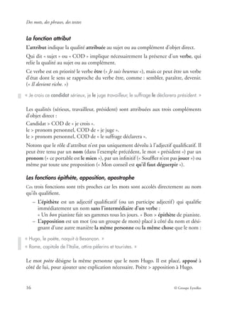 Des mots, des phrases, des textes
16 © Groupe Eyrolles
La fonction attribut
L’attribut indique la qualité attribuée au sujet ou au complément d’objet direct.
Qui dit « sujet » ou « COD » implique nécessairement la présence d’un verbe, qui
relie la qualité au sujet ou au complément.
Ce verbe est en priorité le verbe être (« Je suis heureux »), mais ce peut être un verbe
d’état dont le sens se rapproche du verbe être, comme : sembler, paraître, devenir.
(« Il devient riche. »)
Les qualités (sérieux, travailleur, président) sont attribuées aux trois compléments
d’objet direct :
Candidat > COD de « je crois ».
le > pronom personnel, COD de « je juge ».
le > pronom personnel, COD de « le suffrage déclarera ».
Notons que le rôle d’attribut n’est pas uniquement dévolu à l’adjectif qualiﬁcatif. Il
peut être tenu par un nom (dans l’exemple précédent, le mot « président ») par un
pronom (« ce portable est le mien »), par un inﬁnitif (« Soufﬂer n’est pas jouer ») ou
même par toute une proposition (« Mon conseil est qu’il faut déguerpir »).
Les fonctions épithète, apposition, apostrophe
Ces trois fonctions sont très proches car les mots sont accolés directement au nom
qu’ils qualiﬁent.
– L’épithète est un adjectif qualiﬁcatif (ou un participe adjectif) qui qualiﬁe
immédiatement un nom sans l’intermédiaire d’un verbe :
« Un bon pianiste fait ses gammes tous les jours. » Bon > épithète de pianiste.
– L’apposition est un mot (ou un groupe de mots) placé à côté du nom et dési-
gnant d’une autre manière la même personne ou la même chose que le nom :
Le mot poète désigne la même personne que le nom Hugo. Il est placé, apposé à
côté de lui, pour ajouter une explication nécessaire. Poète > apposition à Hugo.
« Je crois ce candidat sérieux, je le juge travailleur, le suffrage le déclarera président. »
« Hugo, le poète, naquit à Besançon. »
« Rome, capitale de l’Italie, attire pèlerins et touristes. »
 