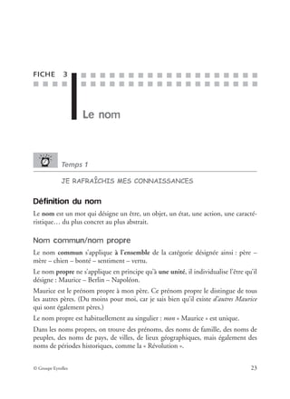 ■ ■ ■ ■
■ ■ ■ ■ ■ ■ ■ ■ ■ ■ ■ ■ ■ ■ ■ ■ ■ ■ ■
■ ■ ■ ■ ■ ■ ■ ■ ■ ■ ■ ■ ■ ■ ■ ■ ■ ■ ■
© Groupe Eyrolles 23
FICHE 3
Le nom
Temps 1
JE RAFRAÎCHIS MES CONNAISSANCES
Définition du nom
Le nom est un mot qui désigne un être, un objet, un état, une action, une caracté-
ristique… du plus concret au plus abstrait.
Nom commun/nom propre
Le nom commun s’applique à l’ensemble de la catégorie désignée ainsi : père –
mère – chien – bonté – sentiment – vertu.
Le nom propre ne s’applique en principe qu’à une unité, il individualise l’être qu’il
désigne : Maurice – Berlin – Napoléon.
Maurice est le prénom propre à mon père. Ce prénom propre le distingue de tous
les autres pères. (Du moins pour moi, car je sais bien qu’il existe d’autres Maurice
qui sont également pères.)
Le nom propre est habituellement au singulier : mon « Maurice » est unique.
Dans les noms propres, on trouve des prénoms, des noms de famille, des noms de
peuples, des noms de pays, de villes, de lieux géographiques, mais également des
noms de périodes historiques, comme la « Révolution ».
 