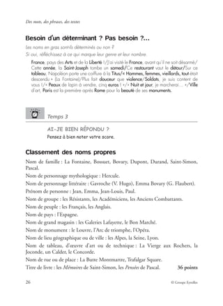 Des mots, des phrases, des textes
26 © Groupe Eyrolles
Besoin d’un déterminant ? Pas besoin ?…
Les noms en gras sont-ils déterminés ou non ?
Si oui, réﬂéchissez à ce qui marque leur genre et leur nombre.
France, pays des Arts et de la Liberté !/J’ai visité le France, avant qu’il ne soit désarmé/
Cette année, la Saint-Joseph tombe un samedi/Ce restaurant vaut le détour/Sur ce
tableau, Napoléon porte une coiffure à la Titus/« Hommes, femmes, vieillards, tout était
descendu » (La Fontaine)/Plus fait douceur que violence/Soldats, je suis content de
vous !/« Peaux de lapin à vendre, cinq euros ! »/« Nuit et jour, je marcherai… »/Ville
d’art, Paris est la première après Rome pour la beauté de ses monuments.
Temps 3
AI-JE BIEN RÉPONDU ?
Pensez à bien noter votre score.
Classement des noms propres
Nom de famille : La Fontaine, Bossuet, Bovary, Dupont, Durand, Saint-Simon,
Pascal.
Nom de personnage mythologique : Hercule.
Nom de personnage littéraire : Gavroche (V. Hugo), Emma Bovary (G. Flaubert).
Prénom de personne : Jean, Emma, Jean-Louis, Paul.
Nom de groupe : les Résistants, les Académiciens, les Anciens Combattants.
Nom de peuple : les Français, les Anglais.
Nom de pays : l’Espagne.
Nom de grand magasin : les Galeries Lafayette, le Bon Marché.
Nom de monument : le Louvre, l’Arc de triomphe, l’Opéra.
Nom de lieu géographique ou de ville : les Alpes, la Seine, Lyon.
Nom de tableau, d’œuvre d’art ou de technique : La Vierge aux Rochers, la
Joconde, un Calder, le Concorde.
Nom de rue ou de place : La Butte Montmartre, Trafalgar Square.
Titre de livre : les Mémoires de Saint-Simon, les Pensées de Pascal. 36 points
 