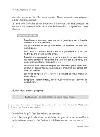 Des mots, des phrases, des textes
38 © Groupe Eyrolles
l’air », des « monte-en-l’air » (le « monte-en-l’air » désigne un cambrioleur qui grimpe
comme l’homme araignée).
Les mots déjà invariables restent invariables à l’intérieur d’un mot composé : un
contrordre, des contre-ordres/du laisser-aller, des laisser-aller… « regrettables », natu-
rellement !
Pluriel des noms propres
On voit bien ici qu’il s’agit des écrivains en personne.
Mais si l’on veut parler d’écrivains ou de héros qui pourraient leur ressembler, le
pluriel doit être marqué : « Les Racines, les Molières sont rares de nos jours. »
Quelques astuces
Dans les noms composés avec « grand », grand peut rester invaria-
ble devant un nom féminin :
Des grand’mères ou des grands-mères. En revanche, on écrit des
grands-pères.
Mais alors ? Pourquoi Molière écrit-il « grand’père » : c’est que
l’orthographe a varié avec le temps.
Dans les noms composés avec « garde », garde est invariable dans
les noms composés désignant des choses : des garde-fous, des
garde-manger, des navires garde-côtes.
Lorsque le nom composé désigne une personne, garde prend un s
au pluriel : des gardes-chasse, des gardes-chiourme, des gardes-bar-
rière ou barrières.
Les noms composés avec « porte » s’écrivent en deux mots : un
porte-plume.
Exceptions : portemanteau, portefaix, portefeuille qui s’écrivent en
un seul mot. ■
Règle générale : les noms propres ne varient pas au pluriel.
« Les deux Corneille font l’orgueil de la ville de Rouen », « Les Racine, les Molière, les
Bossuet ont illustré le XVII
e
siècle ».
 