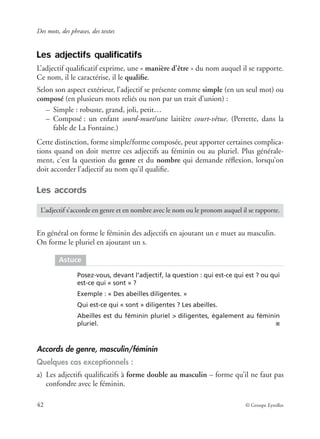 Des mots, des phrases, des textes
42 © Groupe Eyrolles
Les adjectifs qualificatifs
L’adjectif qualiﬁcatif exprime, une « manière d’être » du nom auquel il se rapporte.
Ce nom, il le caractérise, il le qualiﬁe.
Selon son aspect extérieur, l’adjectif se présente comme simple (en un seul mot) ou
composé (en plusieurs mots reliés ou non par un trait d’union) :
– Simple : robuste, grand, joli, petit…
– Composé : un enfant sourd-muet/une laitière court-vêtue. (Perrette, dans la
fable de La Fontaine.)
Cette distinction, forme simple/forme composée, peut apporter certaines complica-
tions quand on doit mettre ces adjectifs au féminin ou au pluriel. Plus générale-
ment, c’est la question du genre et du nombre qui demande réﬂexion, lorsqu’on
doit accorder l’adjectif au nom qu’il qualiﬁe.
Les accords
En général on forme le féminin des adjectifs en ajoutant un e muet au masculin.
On forme le pluriel en ajoutant un s.
Accords de genre, masculin/féminin
Quelques cas exceptionnels :
a) Les adjectifs qualiﬁcatifs à forme double au masculin – forme qu’il ne faut pas
confondre avec le féminin.
L’adjectif s’accorde en genre et en nombre avec le nom ou le pronom auquel il se rapporte.
Astuce
Posez-vous, devant l’adjectif, la question : qui est-ce qui est ? ou qui
est-ce qui « sont » ?
Exemple : « Des abeilles diligentes. »
Qui est-ce qui « sont » diligentes ? Les abeilles.
Abeilles est du féminin pluriel > diligentes, également au féminin
pluriel. ■
 