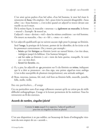 © Groupe Eyrolles 43
Les adjectifs : vue d’ensemble
C’est ainsi qu’on parlera d’un bel arbre, d’un bel homme, le mot bel étant le
synonyme de beau. On emploie « bel » pour éviter la sonorité désagréable « beau
arbre » ou « beau homme », c’est-à-dire quand cet adjectif se trouve devant une
voyelle ou un h muet.
De la même façon, le masculin « nouveau » a, également au masculin, la forme
« nouvel ». Exemple : le nouvel an.
L’adjectif « vieux » devient « vieil » dans les mêmes conditions : un vieil homme.
On trouve au masculin, « fou » et « fol », « mou » et « mol ».
b) Les adjectifs qualiﬁcatifs qui ne suivent aucune règle pour le passage au féminin.
Seul l’usage, la pratique de la lecture, permet de les identiﬁer, de les écrire et de
les prononcer correctement. On y trouve, par exemple :
– bénin qui fait bénigne au féminin (avoir un naturel bénin, c’est être doux,
indulgent jusqu’à la faiblesse. Une humeur bénigne).
– coi fait coite au féminin (« coi » vient du latin quietus, tranquille. Se tenir
coi = ne rien dire).
– favori fait favorite, etc.
c) Il y a peu, les adjectifs en -gu prenaient sur l’e du féminin un tréma, indiquant
que le u doit se prononcer : un clou aigu, une pointe aiguë/un texte ambigu
(c’est-à-dire susceptible de plusieurs interprétations), une attitude ambiguë.
d) Beau, nouveau, jumeau, fol, mol, vieil font au féminin belle, nouvelle, jumelle,
folle, molle, vieille.
Des cas particuliers… d’usage
Ces cas particuliers sont d’un usage tellement courant qu’ils ne créent pas de réelle
difﬁculté orthographique. L’usage et la lecture permettent de les maîtriser. Vous les
retrouverez au ﬁl des exercices.
Accords de nombre, singulier/pluriel
C’est une disposition à ne pas oublier, car beaucoup de fautes d’orthographe vien-
nent du non-respect de ces « accords ».
Comme le nom auquel il se rapporte, l’adjectif qualiﬁcatif
peut être au singulier ou bien au pluriel.
■■FICHE6■■■
 