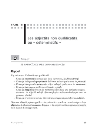 ■ ■ ■ ■
■ ■ ■ ■ ■ ■ ■ ■ ■ ■ ■ ■ ■ ■ ■ ■ ■ ■ ■
■ ■ ■ ■ ■ ■ ■ ■ ■ ■ ■ ■ ■ ■ ■ ■ ■ ■ ■
© Groupe Eyrolles 55
FICHE 8
Les adjectifs non qualificatifs
ou « déterminatifs »
Temps 1
JE RAFRAÎCHIS MES CONNAISSANCES
Rappel
Il y a six sortes d’adjectifs non qualiﬁcatifs :
– Ceux qui montrent le nom auquel ils se rapportent, les démonstratifs.
– Ceux qui indiquent le propriétaire de l’objet indiqué par le nom, les possessifs.
– Ceux qui marquent le nombre des objets indiqués par le nom, les numéraux.
– Ceux qui interrogent sur le nom : les interrogatifs.
– Ceux qui rappellent le nom au moment d’introduire une explication supplé-
mentaire : les adjectifs relatifs. (Peu employés : ne les confondez pas avec les
pronoms relatifs.)
– Ceux qui n’apportent qu’une détermination vague et générale : les indéﬁnis.
Tous ces adjectifs, qu’on appelle « déterminatifs », ont deux caractéristiques : leur
place dans la phrase et les accords de genre et de nombre qu’ils entretiennent avec le
nom auquel ils se rapportent.
 