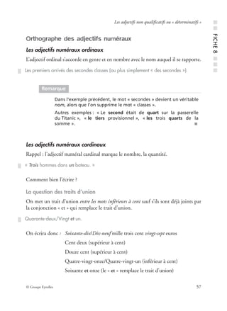 © Groupe Eyrolles 57
Les adjectifs non qualificatifs ou « déterminatifs »
Orthographe des adjectifs numéraux
Les adjectifs numéraux ordinaux
L’adjectif ordinal s’accorde en genre et en nombre avec le nom auquel il se rapporte.
Les adjectifs numéraux cardinaux
Rappel : l’adjectif numéral cardinal marque le nombre, la quantité.
Comment bien l’écrire ?
La question des traits d’union
On met un trait d’union entre les mots inférieurs à cent sauf s’ils sont déjà joints par
la conjonction « et » qui remplace le trait d’union.
On écrira donc : Soixante-dix/Dix-neuf mille trois cent vingt-sept euros
Cent deux (supérieur à cent)
Douze cent (supérieur à cent)
Quatre-vingt-onze/Quatre-vingt-un (inférieur à cent)
Soixante et onze (le « et » remplace le trait d’union)
Les premiers arrivés des secondes classes (ou plus simplement « des secondes »).
Remarque
Dans l’exemple précédent, le mot « secondes » devient un véritable
nom, alors que l’on supprime le mot « classes ».
Autres exemples : « Le second était de quart sur la passerelle
du Titanic », « le tiers provisionnel », « les trois quarts de la
somme ». ■
« Trois hommes dans un bateau. »
Quarante-deux/Vingt et un.
■■FICHE8■■■
 