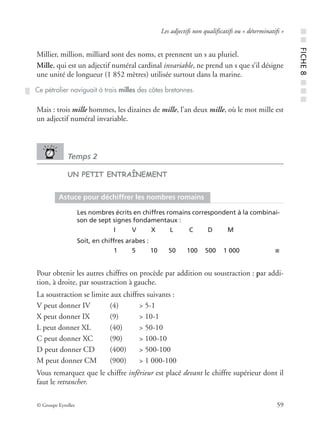 © Groupe Eyrolles 59
Les adjectifs non qualificatifs ou « déterminatifs »
Millier, million, milliard sont des noms, et prennent un s au pluriel.
Mille, qui est un adjectif numéral cardinal invariable, ne prend un s que s’il désigne
une unité de longueur (1 852 mètres) utilisée surtout dans la marine.
Mais : trois mille hommes, les dizaines de mille, l’an deux mille, où le mot mille est
un adjectif numéral invariable.
Temps 2
UN PETIT ENTRAÎNEMENT
Pour obtenir les autres chiffres on procède par addition ou soustraction : par addi-
tion, à droite, par soustraction à gauche.
La soustraction se limite aux chiffres suivants :
V peut donner IV (4) > 5-1
X peut donner IX (9) > 10-1
L peut donner XL (40) > 50-10
C peut donner XC (90) > 100-10
D peut donner CD (400) > 500-100
M peut donner CM (900) > 1 000-100
Vous remarquez que le chiffre inférieur est placé devant le chiffre supérieur dont il
faut le retrancher.
Ce pétrolier naviguait à trois milles des côtes bretonnes.
Astuce pour déchiffrer les nombres romains
Les nombres écrits en chiffres romains correspondent à la combinai-
son de sept signes fondamentaux :
I V X L C D M
Soit, en chiffres arabes :
1 5 10 50 100 500 1 000 ■
■■FICHE8■■■
 