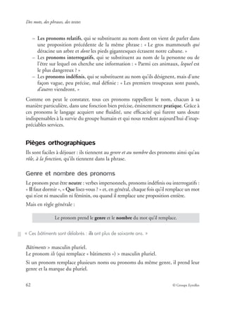 Des mots, des phrases, des textes
62 © Groupe Eyrolles
– Les pronoms relatifs, qui se substituent au nom dont on vient de parler dans
une proposition précédente de la même phrase : « Le gros mammouth qui
déracine un arbre et dont les pieds gigantesques écrasent notre cabane. »
– Les pronoms interrogatifs, qui se substituent au nom de la personne ou de
l’être sur lequel on cherche une information : « Parmi ces animaux, lequel est
le plus dangereux ? »
– Les pronoms indéﬁnis, qui se substituent au nom qu’ils désignent, mais d’une
façon vague, peu précise, mal déﬁnie : « Les premiers troupeaux sont passés,
d’autres viendront. »
Comme on peut le constater, tous ces pronoms rappellent le nom, chacun à sa
manière particulière, dans une fonction bien précise, éminemment pratique. Grâce à
ces pronoms le langage acquiert une ﬂuidité, une efﬁcacité qui furent sans doute
indispensables à la survie du groupe humain et qui nous rendent aujourd’hui d’inap-
préciables services.
Pièges orthographiques
Ils sont faciles à déjouer : ils tiennent au genre et au nombre des pronoms ainsi qu’au
rôle, à la fonction, qu’ils tiennent dans la phrase.
Genre et nombre des pronoms
Le pronom peut être neutre : verbes impersonnels, pronoms indéﬁnis ou interrogatifs :
« Il faut dormir », « Que lisez-vous ? » et, en général, chaque fois qu’il remplace un mot
qui n’est ni masculin ni féminin, ou quand il remplace une proposition entière.
Mais en règle générale :
Bâtiments > masculin pluriel.
Le pronom ils (qui remplace « bâtiments ») > masculin pluriel.
Si un pronom remplace plusieurs noms ou pronoms du même genre, il prend leur
genre et la marque du pluriel.
Le pronom prend le genre et le nombre du mot qu’il remplace.
« Ces bâtiments sont délabrés : ils ont plus de soixante ans. »
 
