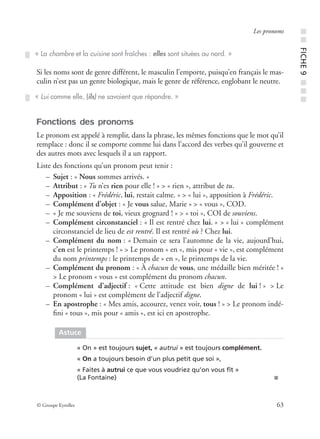 © Groupe Eyrolles 63
Les pronoms
Si les noms sont de genre différent, le masculin l’emporte, puisqu’en français le mas-
culin n’est pas un genre biologique, mais le genre de référence, englobant le neutre.
Fonctions des pronoms
Le pronom est appelé à remplir, dans la phrase, les mêmes fonctions que le mot qu’il
remplace : donc il se comporte comme lui dans l’accord des verbes qu’il gouverne et
des autres mots avec lesquels il a un rapport.
Liste des fonctions qu’un pronom peut tenir :
– Sujet : « Nous sommes arrivés. »
– Attribut : « Tu n’es rien pour elle ! » > « rien », attribut de tu.
– Apposition : « Frédéric, lui, restait calme. » > « lui », apposition à Frédéric.
– Complément d’objet : « Je vous salue, Marie » > « vous », COD.
– « Je me souviens de toi, vieux grognard ! » > « toi », COI de souviens.
– Complément circonstanciel : « Il est rentré chez lui. » > « lui » complément
circonstanciel de lieu de est rentré. Il est rentré où ? Chez lui.
– Complément du nom : « Demain ce sera l’automne de la vie, aujourd’hui,
c’en est le printemps ! » > Le pronom « en », mis pour « vie », est complément
du nom printemps : le printemps de « en », le printemps de la vie.
– Complément du pronom : « À chacun de vous, une médaille bien méritée ! »
> Le pronom « vous » est complément du pronom chacun.
– Complément d’adjectif : « Cette attitude est bien digne de lui ! » > Le
pronom « lui » est complément de l’adjectif digne.
– En apostrophe : « Mes amis, accourez, venez voir, tous ! » > Le pronom indé-
ﬁni « tous », mis pour « amis », est ici en apostrophe.
« La chambre et la cuisine sont fraîches : elles sont situées au nord. »
« Lui comme elle, (ils) ne savaient que répondre. »
Astuce
« On » est toujours sujet, « autrui » est toujours complément.
« On a toujours besoin d’un plus petit que soi »,
« Faites à autrui ce que vous voudriez qu’on vous fît »
(La Fontaine) ■
■■FICHE9■■■
 
