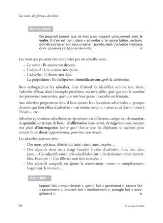 Des mots, des phrases, des textes
68 © Groupe Eyrolles
Les mots qui peuvent être complétés par un adverbe sont :
– Le verbe : Ils moururent debout.
– L’adjectif : Une cuisine très épicée.
– L’adverbe : Il chante très bien.
– La préposition : Ils s’éclipsèrent immédiatement après la cérémonie.
Bien orthographier les adverbes, c’est d’abord les identiﬁer comme tels. Ainsi,
l’adverbe debout, dans l’exemple précédent, est invariable, quel que soit le nombre
des personnes concernées, quel que soit leur genre, masculin ou féminin.
Aux adverbes proprement dits, il faut ajouter les « locutions adverbiales », groupes
de mots qui font ofﬁce d’adverbes : « en même temps », « pour ainsi dire », « tout à
l’heure », etc.
Adverbes et locutions adverbiales se répartissent en différentes catégories : de manière,
de quantité, de temps, de lieu… d’afﬁrmation (oui, certes), de négation (non, non pas,
non plus) d’interrogation (est-ce que ? Est-ce que les éléphants se cachent pour
mourir ?), de doute (apparemment, peut-être, sans doute).
Les adverbes peuvent être :
– Des mots spéciaux, dérivés du latin : ainsi, aussi, exprès…
– Des adjectifs dont on a élargi l’emploi à celui d’adverbe : fort, net, clair,
juste… Ces adjectifs sont « pris adverbialement », ils deviennent donc invaria-
bles. Exemple : « Ces ﬁllettes sont fort énervées. »
– Des adjectifs auxquels on ajoute la terminaison « ment » : complètement,
largement, lentement…
Bon à savoir
On pourrait penser que ce mot a un rapport uniquement avec le
verbe. Il n’en est rien : dans « ad-verbe », la racine latine, verbum,
doit être prise en son sens originel : parole, mot. L’adverbe intéresse
donc plusieurs catégories de mots. ■
Attention !
Impuni fait « impunément », gentil fait « gentiment », savant fait
« savamment », insolent fait « insolemment », aveugle fait « aveu-
glément ». ■
 