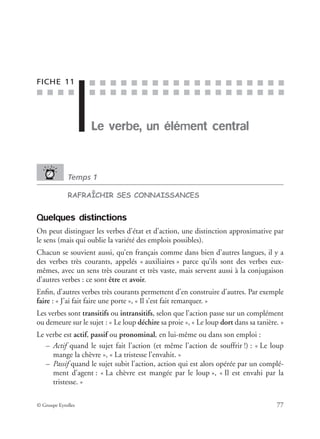 ■ ■ ■ ■
■ ■ ■ ■ ■ ■ ■ ■ ■ ■ ■ ■ ■ ■ ■ ■ ■ ■ ■
■ ■ ■ ■ ■ ■ ■ ■ ■ ■ ■ ■ ■ ■ ■ ■ ■ ■ ■
© Groupe Eyrolles 77
FICHE 11
Le verbe, un élément central
Temps 1
RAFRAÎCHIR SES CONNAISSANCES
Quelques distinctions
On peut distinguer les verbes d’état et d’action, une distinction approximative par
le sens (mais qui oublie la variété des emplois possibles).
Chacun se souvient aussi, qu’en français comme dans bien d’autres langues, il y a
des verbes très courants, appelés « auxiliaires » parce qu’ils sont des verbes eux-
mêmes, avec un sens très courant et très vaste, mais servent aussi à la conjugaison
d’autres verbes : ce sont être et avoir.
Enﬁn, d’autres verbes très courants permettent d’en construire d’autres. Par exemple
faire : « J’ai fait faire une porte », « Il s’est fait remarquer. »
Les verbes sont transitifs ou intransitifs, selon que l’action passe sur un complément
ou demeure sur le sujet : « Le loup déchire sa proie », « Le loup dort dans sa tanière. »
Le verbe est actif, passif ou pronominal, en lui-même ou dans son emploi :
– Actif quand le sujet fait l’action (et même l’action de souffrir !) : « Le loup
mange la chèvre », « La tristesse l’envahit. »
– Passif quand le sujet subit l’action, action qui est alors opérée par un complé-
ment d’agent : « La chèvre est mangée par le loup », « Il est envahi par la
tristesse. »
 