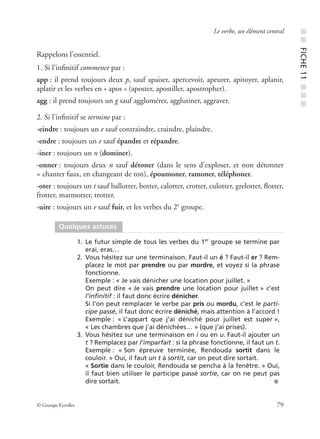 © Groupe Eyrolles 79
Le verbe, un élément central
Rappelons l’essentiel.
1. Si l’inﬁnitif commence par :
app : il prend toujours deux p, sauf apaiser, apercevoir, apeurer, apitoyer, aplanir,
aplatir et les verbes en « apos » (aposter, apostiller, apostropher).
agg : il prend toujours un g sauf agglomérer, agglutiner, aggraver.
2. Si l’inﬁnitif se termine par :
-eindre : toujours un e sauf contraindre, craindre, plaindre.
-endre : toujours un e sauf épandre et répandre.
-iner : toujours un n (dominer).
-onner : toujours deux n sauf détoner (dans le sens d’exploser, et non détonner
= chanter faux, en changeant de ton), époumoner, ramoner, téléphoner.
-oter : toujours un t sauf ballotter, botter, calotter, crotter, culotter, grelotter, ﬂotter,
frotter, marmotter, trotter.
-uire : toujours un e sauf fuir, et les verbes du 2e
groupe.
Quelques astuces
1. Le futur simple de tous les verbes du 1er
groupe se termine par
erai, eras…
2. Vous hésitez sur une terminaison. Faut-il un é ? Faut-il er ? Rem-
placez le mot par prendre ou par mordre, et voyez si la phrase
fonctionne.
Exemple : « Je vais dénicher une location pour juillet. »
On peut dire « Je vais prendre une location pour juillet » c’est
l’inﬁnitif : il faut donc écrire dénicher.
Si l’on peut remplacer le verbe par pris ou mordu, c’est le parti-
cipe passé, il faut donc écrire déniché, mais attention à l’accord !
Exemple : « L’appart que j’ai déniché pour juillet est super »,
« Les chambres que j’ai dénichées… » (que j’ai prises).
3. Vous hésitez sur une terminaison en i ou en u. Faut-il ajouter un
t ? Remplacez par l’imparfait : si la phrase fonctionne, il faut un t.
Exemple : « Son épreuve terminée, Rendouda sortit dans le
couloir. » Oui, il faut un t à sortit, car on peut dire sortait.
« Sortie dans le couloir, Rendouda se pencha à la fenêtre. » Oui,
il faut bien utiliser le participe passé sortie, car on ne peut pas
dire sortait. ■
■■FICHE11■■■
 