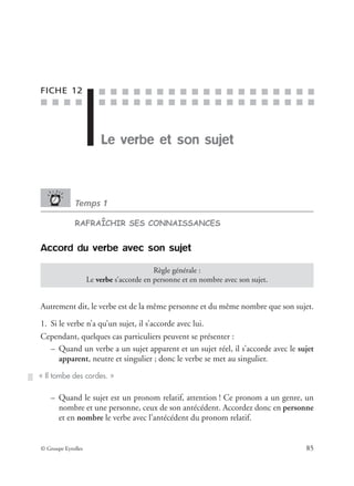 ■ ■ ■ ■
■ ■ ■ ■ ■ ■ ■ ■ ■ ■ ■ ■ ■ ■ ■ ■ ■ ■ ■
■ ■ ■ ■ ■ ■ ■ ■ ■ ■ ■ ■ ■ ■ ■ ■ ■ ■ ■
© Groupe Eyrolles 85
FICHE 12
Le verbe et son sujet
Temps 1
RAFRAÎCHIR SES CONNAISSANCES
Accord du verbe avec son sujet
Autrement dit, le verbe est de la même personne et du même nombre que son sujet.
1. Si le verbe n’a qu’un sujet, il s’accorde avec lui.
Cependant, quelques cas particuliers peuvent se présenter :
– Quand un verbe a un sujet apparent et un sujet réel, il s’accorde avec le sujet
apparent, neutre et singulier ; donc le verbe se met au singulier.
– Quand le sujet est un pronom relatif, attention ! Ce pronom a un genre, un
nombre et une personne, ceux de son antécédent. Accordez donc en personne
et en nombre le verbe avec l’antécédent du pronom relatif.
Règle générale :
Le verbe s’accorde en personne et en nombre avec son sujet.
« Il tombe des cordes. »
 