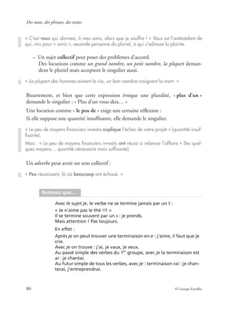 Des mots, des phrases, des textes
86 © Groupe Eyrolles
– Un sujet collectif peut poser des problèmes d’accord.
Des locutions comme un grand nombre, un petit nombre, la plupart deman-
dent le pluriel mais acceptent le singulier aussi.
Bizarrement, et bien que cette expression évoque une pluralité, « plus d’un »
demande le singulier : « Plus d’un vous dira… »
Une locution comme « le peu de » exige une certaine réﬂexion :
Si elle suppose une quantité insufﬁsante, elle demande le singulier.
Un adverbe peut avoir un sens collectif :
« C’est vous qui dormez, ô mes amis, alors que je souffre ! » Vous est l’antécédent de
qui, mis pour « amis », seconde personne du pluriel, à qui s’adresse la plainte.
« La plupart des hommes aiment la vie, un bon nombre craignent la mort. »
« Le peu de moyens ﬁnanciers investis explique l’échec de votre projet » (quantité insuf-
ﬁsante).
Mais : « Le peu de moyens ﬁnanciers investis ont réussi à relancer l’affaire » (les quel-
ques moyens… quantité nécessaire mais sufﬁsante).
« Peu réussissent, là où beaucoup ont échoué. »
Retenez que…
Avec le sujet je, le verbe ne se termine jamais par un t :
« Je n’aime pas le thé !!! »
Il se termine souvent par un s : je prends.
Mais attention ! Pas toujours.
En effet :
Après je on peut trouver une terminaison en e : j’aime, il faut que je
crie.
Avec je on trouve : j’ai, je vaux, je veux.
Au passé simple des verbes du 1er
groupe, avec je la terminaison est
ai : je chantai.
Au futur simple de tous les verbes, avec je : terminaison rai : je chan-
terai, j’entreprendrai.
 
