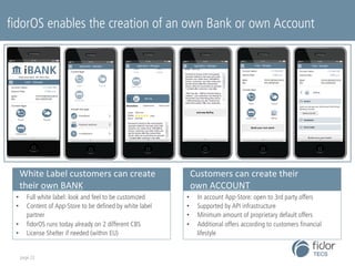 fidorOS enables the creation of an own Bank or own Account 
White 
Label 
customers 
can 
create 
their 
own 
BANK 
• Full...
