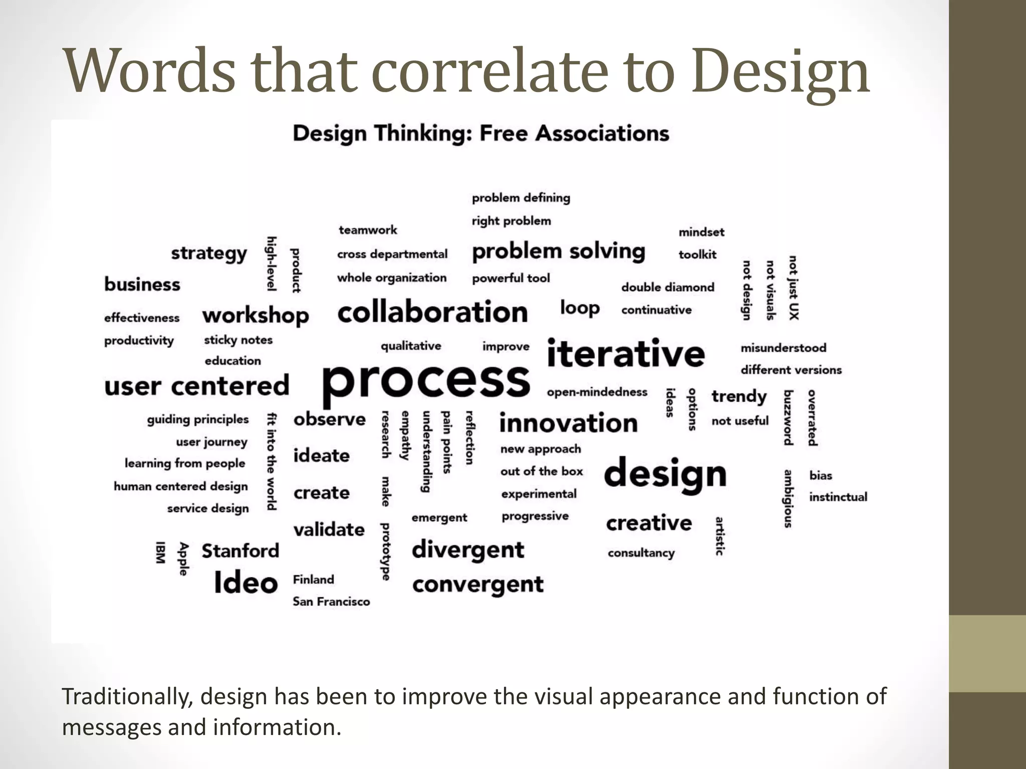 Words that correlate to Design
Traditionally, design has been to improve the visual appearance and function of
messages and information.
 