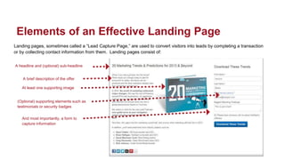 Landing pages, sometimes called a “Lead Capture Page,” are used to convert visitors into leads by completing a transaction
or by collecting contact information from them. Landing pages consist of:
Elements of an Effective Landing Page
A headline and (optional) sub-headline
A brief description of the offer
At least one supporting image
(Optional) supporting elements such as
testimonials or security badges
And most importantly, a form to
capture information
 