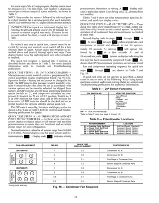 For each step of the 42-step program, display button must
be pressed twice. On ﬁrst press, step number is displayed;
second press initiates required action and code, as shown in
Table 7.
NOTE: Step number is a numeral followed by a decimal point
(a 2-digit number has a decimal point after each numeral).
Action code number is one or 2 digits with no decimal point(s).
IMPORTANT: Once quick test is initiated, display but-
ton must be pressed at least once every 10 minutes for
control to remain in quick test mode. If button is not
pressed within this time, control will attempt to start
unit.
To recheck any step in quick test, control must be re-
cycled by turning unit control circuit switch off for a few
seconds, then on again. Restart quick test program as de-
scribed above and proceed through quick test steps. Press
display button twice for each step until step to be rechecked
is reached.
The quick test program is divided into 3 sections as
described below and shown in Table 7. For more detailed
information refer to Controls and Troubleshooting
publication.
QUICK TEST STEPS 1 - 15: UNIT CONFIGURATION —
Microprocessor in unit control system is programmed by 2
switch assemblies located on processor board (Fig. 9). Con-
ﬁguration header is factory set and cannot be changed in the
ﬁeld. The DIP (dual in-line package) switch assembly con-
tains 8 microswitches that must be set in accordance with
various options and accessories selected. As shipped from
factory, all DIP switches except those controlling pulldown
option (switch no. 3), and compressor unloaders on com-
pressor B1 (switch no. 7) are in OFF position. Switch no. 8
is in OFF position for water units, and in ON position for
brine units. All DIP switches should be checked and set to
proper position for options selected during quick test.
The DIP switch assembly, functions and display codes are
shown in Fig. 9 and in Table 8. Refer to Controls and Trouble-
shooting publication for details.
QUICK TEST STEPS 16 - 30: THERMISTORS AND SET
POINT POTENTIOMETERS — In these steps, micropro-
cessor checks resistance values of all sensors and set point
potentiometers to ensure they are functional and set within
proper range for unit conﬁguration.
Nominal resistance values for all sensors range from 363,000
to 216 ohms. Normal display code for good sensors and po-
tentiometers is . Display code indicates a faulty
potentiometer, thermistor, or wiring. A display indi-
cates a particular option is not being used, i.e., demand limit
not installed.
Tables 7 and 9 show set point potentiometer function, lo-
cation, and quick test display codes.
QUICK TEST STEPS 31 - 42: OUTPUT RELAYS — These
quick test steps allow microprocessor to check output sig-
nals from relay boards in unit control system. In addition,
operation of all condenser fans and compressors is checked
at each step.
Normal display code for steps through is
. In steps through , when appropriate, each
compressor is started and allowed to run for approxi-
mately 10 seconds. At start-up will appear, fol-
lowed by a in a few seconds. At end of
10-second test, code returns to display indicating that
test step has been successfully completed. Code in-
dicates that CPCS (compressor protection circuit) was tested.
Fan and compressor operating sequence for quick test
steps through are shown in Table 7 and
Fig. 10.
If quick test steps do not operate as described, a defect
exists in one or more of the following: Relay being tested,
electronic control, and/or unit wiring. Refer to Controls and
Troubleshooting publication for additional information.
Table 8 — DIP Switch Functions
DIP SWITCH NO. SELECTED FUNCTION*
1 Type of Reset
2 Reset
3 Pulldown Limit
4 Not Used
5 Demand Limit
6 1 Unloader
7 2 Unloaders
8 Brine
DIP — Dual, In-Line Package
*Refer to Table 7, quick test steps 3. through 1.0.
Table 9 — Potentiometer Locations
POTENTIOMETER LOCATION
P1 — Leaving Fluid Set Point Set Point Board (Standard)
P3 — Reset Limit Set Point Accessory Board (Option)
P4 — Demand Limit Accessory Board (Option)
P5 — Reset Ratio Set Point Accessory Board (Option)
P6 — Reset Temp Set Point Accessory Board (Option)
FAN ARRANGEMENT FAN NO.
QUICK TEST
DISPLAY NUMBER* CONTROLLED BY
30GT040-050 1 3.5. Compressor No. A1
2 3.9. Compressor No. B1
3 3.1. First Stage of Condenser Fans
4 3.2. Second Stage of Condenser Fans
30GT060,070 1 3.5. Compressor No. A1
2 3.9. Compressor No. B1
3,4 3.1. First Stage of Condenser Fans
5,6 3.2. Second Stage of Condenser Fans
*During quick test only.
Fig. 10 — Condenser Fan Sequence
18
 