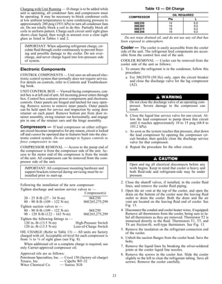 Charging with Unit Running — If charge is to be added while
unit is operating, all condenser fans and compressors must
be operating. It may be necessary to block condenser coils
at low ambient temperatures to raise condensing pressure to
approximately 280 psig (1931 kPa) to turn all condenser fans
on. Do not totally block a coil to do this. Partially block all
coils in uniform pattern. Charge each circuit until sight glass
shows clear liquid, then weigh in amount over a clear sight
glass as listed in Tables 1 and 2.
IMPORTANT: When adjusting refrigerant charge, cir-
culate ﬂuid through cooler continuously to prevent freez-
ing and possible damage to the cooler. Do not over-
charge, and never charge liquid into low-pressure side
of system.
Electronic Components
CONTROL COMPONENTS — Unit uses an advanced elec-
tronic control system that normally does not require service.
For details on controls, refer to Controls and Troubleshoot-
ing book.
UNIT CONTROL BOX — Viewed facing compressors, con-
trol box is at left end of unit.All incoming power enters through
box. Control box contains power components and electronic
controls. Outer panels are hinged and latched for easy open-
ing. Remove screws to remove inner panels. Outer panels
can be held open for service and inspection by using door
retainer on each panel. Remove bottom pin from door re-
tainer assembly, swing retainer out horizontally, and engage
pin in one of the retainer ears and the hinge assembly.
Compressors — If lead compressor on either refriger-
ant circuit becomes inoperative for any reason, circuit is locked
off and cannot be operated due to features built into the elec-
tronic control system. Do not attempt to bypass controls to
force compressors to run.
COMPRESSOR REMOVAL — Access to the pump end of
the compressor is from the compressor side of the unit. Ac-
cess to the motor end of the compressor is from the inside
of the unit. All compressors can be removed from the com-
pressor side of the unit.
IMPORTANT: All compressor mounting hardware and
support brackets removed during servicing must be re-
installed prior to start-up.
Following the installation of the new compressor:
Tighten discharge and suction service valves to —
Compressor(s)
20 - 25 ft-lb (27 - 34 N-m) 06E250
80 - 90 ft-lb (109 - 122 N-m) 06E265,275,299
Tighten suction valves to —
80 - 90 ft-lb (109 - 122 N-m) 06E250
90 - 120 ft-lb (122 - 163 N-m) 06E265,275,299
Tighten the following ﬁttings to —
120 in.-lb (13.5 N-m) High-Pressure Switch
120 in.-lb (13.5 N-m) Loss-of-Charge Switch
OIL CHARGE (Refer to Table 13) — All units are factory
charged with oil. Acceptable oil level for each compressor is
from 1⁄8 to 3⁄8 of sight glass (see Fig. 8).
When additional oil or a complete charge is required, use
only Carrier-approved compressor oil.
Approved oils are as follows:
Petroleum Specialties, Inc. — Cryol 150 (factory oil charge)
Texaco, Inc. — Capella WF-32
Witco Chemical Co. — Suniso 3GS
Table 13 — Oil Charge
COMPRESSOR
OIL REQUIRED
Pts L
06E250 14 6.6
06E265 19 9.0
06E275 19 9.0
06E299 19 9.0
Do not reuse drained oil, and do not use any oil that has
been exposed to atmosphere.
Cooler — The cooler is easily accessible from the cooler
side of the unit. The refrigerant feed components are acces-
sible from the control box end of the unit.
COOLER REMOVAL — Cooler can be removed from the
cooler side of the unit as follows:
1. To ensure the refrigerant is in the condenser, follow this
procedure:
a. For 30GT070 (50 Hz) only, open the circuit breaker
and close the discharge valve for the lag compressor
(A2).
Do not close the discharge valve of an operating com-
pressor. Severe damage to the compressor can
result.
b. Close the liquid line service valve for one circuit. Al-
low the lead compressor to pump down that circuit
until it reaches approximately 10 to 15 psig (68.8 to
103.2 kPa).
c. As soon as the system reaches that pressure, shut down
the lead compressor by opening the compressor cir-
cuit breaker, then quickly close the discharge service
valve for that compressor.
d. Repeat the procedure for the other circuit.
Open and tag all electrical disconnects before any
work begins. Keep in mind that cooler is heavy and
both ﬂuid-side and refrigerant-side may be under
pressure.
2. Close the shutoff valves, if installed, in the cooler ﬂuid
lines, and remove the cooler ﬂuid piping.
3. Open the air vent at the top of the cooler, and open the
drain on the bottom of the cooler near the leaving ﬂuid
outlet to drain the cooler. Both the drain and the air
vent are located on the leaving ﬂuid end of cooler. See
Fig. 13.
4. Disconnect the conduit and cooler heater wires, if equipped.
Remove all thermistors from the cooler, being sure to la-
bel all thermistors as they are removed. Thermistor T2 is
immersed directly in the ﬂuid. Thermistors T1, T5, and
T6 are friction-ﬁt, well-type thermistors. See Fig. 13.
5. Remove the insulation on the refrigerant connection end
of the cooler.
6. Unbolt the suction ﬂanges from the cooler head. Save the
bolts.
7. Remove the liquid lines by breaking the silver-soldered
joints at the cooler liquid line nozzles.
8. Remove the screws in the cooler feet. Slide the cooler
slightly to the left to clear the refrigerant tubing. Save all
screws. Remove the cooler carefully.
23
 