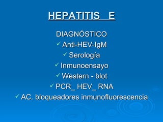 HEPATITIS  E DIAGNÓSTICO Anti-HEV-IgM Serología Inmunoensayo Western - blot PCR_ HEV_ RNA AC. bloqueadores inmunofluorescencia 