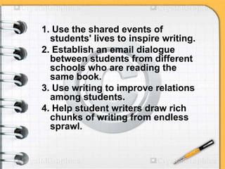 1. Use the shared events of
students' lives to inspire writing.
2. Establish an email dialogue
between students from different
schools who are reading the
same book.
3. Use writing to improve relations
among students.
4. Help student writers draw rich
chunks of writing from endless
sprawl.
 