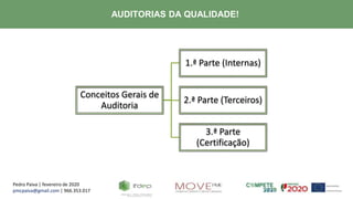 Pedro Paiva | fevereiro de 2020
pmcpaiva@gmail.com | 966.353.017
AUDITORIAS DA QUALIDADE!
Conceitos Gerais de
Auditoria
1.ª Parte (Internas)
2.ª Parte (Terceiros)
3.ª Parte
(Certificação)
 