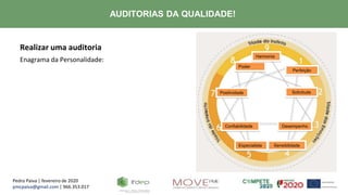 Pedro Paiva | fevereiro de 2020
pmcpaiva@gmail.com | 966.353.017
AUDITORIAS DA QUALIDADE!
Realizar uma auditoria
Enagrama da Personalidade:
Positividade
Poder
Harmonia
Perfeição
Solicitude
DesempenhoConfiabilidade
Especialista Sensibilidade
 