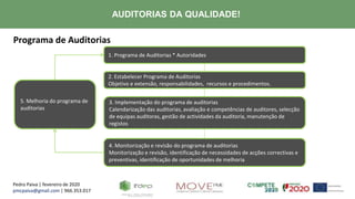 Pedro Paiva | fevereiro de 2020
pmcpaiva@gmail.com | 966.353.017
AUDITORIAS DA QUALIDADE!
Programa de Auditorias
1. Programa de Auditorias * Autoridades
2. Estabelecer Programa de Auditorias
Objetivo e extensão, responsabilidades, recursos e procedimentos.
3. Implementação do programa de auditorias
Calendarização das auditorias, avaliação e competências de auditores, selecção
de equipas auditoras, gestão de actividades da auditoria, manutenção de
registos
4. Monitorização e revisão do programa de auditorias
Monitorização e revisão, identificação de necessidades de acções correctivas e
preventivas, identificação de oportunidades de melhoria
5. Melhoria do programa de
auditorias
 