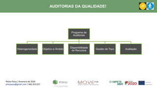 Pedro Paiva | fevereiro de 2020
pmcpaiva@gmail.com | 966.353.017
AUDITORIAS DA QUALIDADE!
Programa de
Auditorias
Heterogeneidade Objetivo e Âmbito
Disponibilidade
de Recursos
Gestão de Topo Avaliação
 