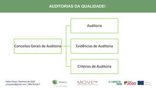 Pedro Paiva | fevereiro de 2020
pmcpaiva@gmail.com | 966.353.017
AUDITORIAS DA QUALIDADE!
Conceitos Gerais de Auditoria
Auditoria
Evidências de Auditoria
Critérios de Auditoria
 