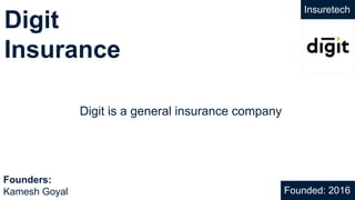 Digit
Insurance
Insuretech
Digit is a general insurance company
Founded: 2016
Founders:
Kamesh Goyal
 