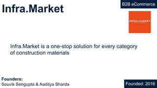 Infra.Market
B2B eCommerce
Infra.Market is a one-stop solution for every category
of construction materials
Founded: 2016
Founders:
Souvik Sengupta & Aaditya Sharda
 