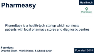 Pharmeasy
PharmEasy is a health-tech startup which connects
patients with local pharmacy stores and diagnostic centres
Founded: 2015
Founders:
Dharmil Sheth, Mikhil Innani, & Dhaval Shah
Healthtech
 