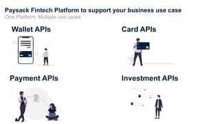 Paysack Fintech Platform to support your business use case
One Platform. Multiple use cases
Wallet APIs
Payment APIs
Card APIs
Investment APIs
 
