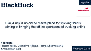 BlackBuck
BlackBuck is an online marketplace for trucking that is
aiming at bringing the offline operations of trucking online
Founded: 2015
Founders:
Rajesh Yabaji, Chanakya Hridaya, Ramasubramanian B,
& Venkatesh Bhat
Logistics
 