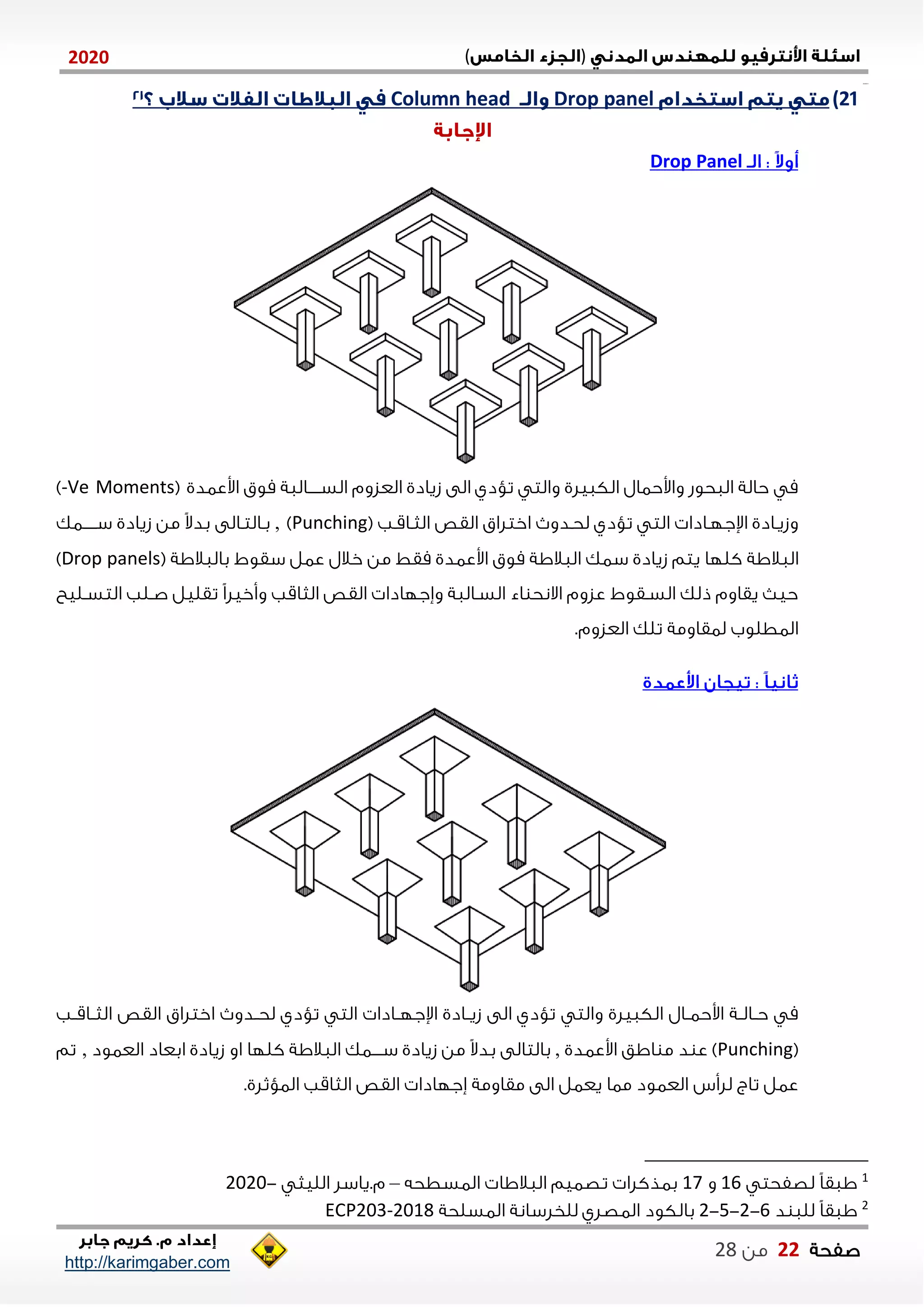 )(0202
2102102
‫صفحة‬00‫من‬22
http://karimgaber.com
21)Drop panelColumn head
Drop Panel
‫اوعادي‬ ‫موق‬ ‫السنننننالاة‬ ‫العزوم‬ ‫زيادي‬ ‫الى‬ ‫تؤدي‬ ‫والت‬ ‫الكايلي‬ ‫واوحاال‬ ‫الاحوش‬ ‫حالة‬ ‫م‬(-Ve Moments)
‫اختلاق‬ ‫لحندو‬ ‫تؤدي‬ ‫الت‬ ‫اإلجلنادا‬ ‫وزينادي‬‫الثناقنب‬ ‫القص‬(Punching),‫ننننناك‬‫ن‬‫س‬ ‫زيادي‬ ‫من‬ ً‫ال‬‫بد‬ ‫بنالتنالى‬
‫الاالاة‬( ‫بالاالاة‬ ‫سقوط‬ ‫عال‬ ‫خالل‬ ‫من‬ ‫مقط‬ ‫اوعادي‬ ‫موق‬ ‫الاالاة‬ ‫ساك‬ ‫زيادي‬ ‫يتم‬ ‫كللا‬Drop panels)
‫نليح‬‫ن‬‫التس‬ ‫نلب‬‫ن‬‫ص‬ ‫تقليل‬ ً‫ا‬‫وأخيل‬ ‫الثاقب‬ ‫القص‬ ‫وةجلادا‬ ‫نالاة‬‫ن‬‫الس‬ ‫اء‬ ‫االنح‬ ‫عزوم‬ ‫نقوط‬‫ن‬‫الس‬ ‫ذلك‬ ‫يقاوم‬ ‫حي‬
.‫العزوم‬ ‫تلك‬ ‫لاقاومة‬ ‫الاطلوب‬
‫والت‬ ‫الكايلي‬ ‫نال‬‫ن‬‫اوحا‬ ‫نة‬‫ن‬‫نال‬‫ن‬‫ح‬ ‫م‬‫اختلاق‬ ‫ندو‬‫ن‬‫لح‬ ‫تؤدي‬ ‫الت‬ ‫نادا‬‫ن‬‫اإلجل‬ ‫نادي‬‫ن‬‫زي‬ ‫الى‬ ‫تؤدي‬‫نب‬‫ن‬‫ناق‬‫ن‬‫الث‬ ‫القص‬
(Punching‫اوعادي‬ ‫ااق‬ ‫م‬ ‫د‬ ‫ع‬ ),‫ب‬ ‫بالتالى‬‫العاود‬ ‫ابعاد‬ ‫زيادي‬ ‫او‬ ‫كللا‬ ‫الاالاة‬ ‫نننناك‬‫ن‬‫س‬ ‫زيادي‬ ‫من‬ ً‫ال‬‫د‬,‫تم‬
.‫الاؤثلي‬ ‫الثاقب‬ ‫القص‬ ‫ةجلادا‬ ‫مقاومة‬ ‫الى‬ ‫يعال‬ ‫ماا‬ ‫العاود‬ ‫للأن‬ ‫تاج‬ ‫عال‬
1
‫لصفحت‬ ً‫ا‬‫ااق‬01‫و‬07‫الاسطحه‬ ‫الاالاا‬ ‫تصايم‬ ‫باذكلا‬–‫الليث‬ ‫م.ياسل‬-2121
2
‫د‬ ‫للا‬ ً‫ا‬‫ااق‬1-2-5-2‫للخلسانة‬ ‫الاصلي‬ ‫بالكود‬‫الاسلحة‬2018-ECP203
 