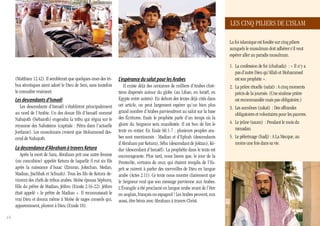 LES CINQ PILIERS DE L’ISLAM

                                                                                                                               La foi islamique est fondée sur cinq piliers
                                                                                                                               auxquels le musulman doit adhérer s’il veut
                                                                                                                               espérer aller au paradis musulman.

                                                                                                                               1. La confession de foi (chahada) : « Il n’y a
                                                                                                                                  pas d’autre Dieu qu’Allah et Mohammed
     (Matthieu 12.42). Il semblerait que quelques-unes des tri-   L’espérance du salut pour les Arabes                            est son prophète ».
     bus sémitiques aient adoré le Dieu de Sem, sans toutefois       Il existe déjà des centaines de milliers d’Arabes chré-   2. La prière rituelle (salat) : A cinq moments
     le connaître vraiment.                                       tiens dispersés autour du globe (au Liban, en Israël, en        précis de la journée. (une sixième prière
     Les descendants d’Ismaël                                     Egypte entre autres). En dehors des textes déjà cités dans      est recommandée mais pas obligatoire.)
        Les descendants d’Ismaël s’établirent principalement      cet article, on peut largement espérer qu’un bien plus
                                                                                                                               3. Les aumônes (zakat) : Des offrandes
     au nord de l’Arabie. un des douze fils d’Ismaël nommé        grand nombre d’Arabes parviendront au salut sur la base
                                                                                                                                  obligatoires et volontaires pour les pauvres.
     Nabajoth (Nebaioth) engendra la tribu qui régna sur le       des Écritures. Esaïe le prophète parle d’un temps où la
                                                                  gloire du Seigneur sera manifestée. Il est bon de lire le    4. Le jeûne (saum) : Pendant le mois du
     royaume des Nabatéens (capitale : Pétra dans l’actuelle
                                                                  texte en entier. En Esaïe 60.1-7 : plusieurs peuples ara-       ramadan.
     Jordanie). Les musulmans croient que Mohammed des-
     cend de Nabajoth.                                            bes sont mentionnés : Madian et d’Ephah (descendants         5. Le pèlerinage (hadj) : A La Mecque, au
                                                                  d’Abraham par Ketura), Séba (descendant de Joktan), Ké-         moins une fois dans sa vie.
     La descendance d’Abraham à travers Ketura                    dar (descendant d’Ismaël). La prophétie dans le texte est
         Après la mort de Sara, Abraham prit une autre femme      encourageante. Plus tard, nous lisons que, le jour de la
     (ou concubine) appelée Ketura de laquelle il eut six fils    Pentecôte, certains de ceux qui étaient remplis de l’Es-
     après la naissance d’Isaac (Zimran, Jokschan, Medan,         prit se mirent à parler des merveilles de Dieu en langue
     Madian, Jischbak et Schuah). Tous les fils de Ketura de-     arabe (Actes 2.11). Ce texte nous montre clairement que
     vinrent des chefs de tribus arabes. Moïse épousa Séphora,    le Seigneur veut que son message parvienne aux Arabes.
     fille du prêtre de Madian, Jéthro (Exode 2.16-22). Jéthro    L’Évangile a été proclamé en langue arabe avant de l’être
     était appelé « le prêtre de Madian ». Il reconnaissait le    en anglais, français ou espagnol ! Les Arabes peuvent, eux
     vrai Dieu et donna même à Moïse de sages conseils qui,       aussi, être bénis avec Abraham à travers Christ.
     apparemment, plurent à Dieu (Exode 18).

14
 