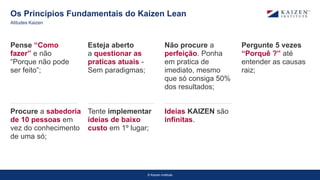 © Kaizen Institute
Os Princípios Fundamentais do Kaizen Lean
Atitudes Kaizen
Pense “Como
fazer” e não
“Porque não pode
ser feito”;
Esteja aberto
a questionar as
praticas atuais -
Sem paradigmas;
Não procure a
perfeição. Ponha
em pratica de
imediato, mesmo
que só consiga 50%
dos resultados;
Pergunte 5 vezes
“Porquê ?” até
entender as causas
raiz;
Procure a sabedoria
de 10 pessoas em
vez do conhecimento
de uma só;
Tente implementar
ideias de baixo
custo em 1º lugar;
Ideias KAIZEN são
infinitas.
 