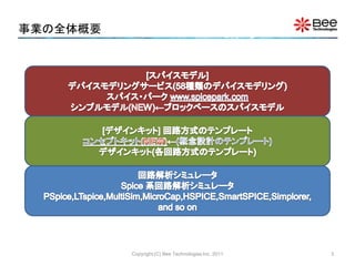 事業の全体概要




          Copyright (C) Bee Technologies Inc. 2011   3
 