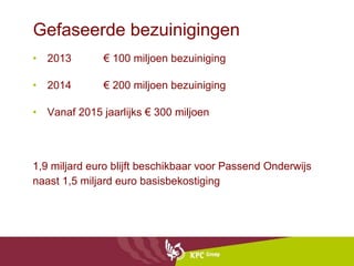 Gefaseerde bezuinigingen 2013  € 100 miljoen bezuiniging 2014  € 200 miljoen bezuiniging Vanaf 2015 jaarlijks € 300 miljoen 1,9 miljard euro blijft beschikbaar voor Passend Onderwijs naast 1,5 miljard euro basisbekostiging 