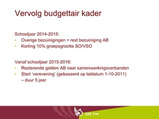 Vervolg budgettair kader Schooljaar 2014-2015: Overige bezuinigingen + rest bezuiniging AB Korting 10% groepsgrootte SO/VSO Vanaf schooljaar 2015-2016: Resterende gelden AB naar samenwerkingsverbanden Start ‘verevening’ (gebaseerd op teldatum 1-10-2011)  –  duur 5 jaar 