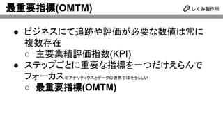 最重要指標(OMTM)
● ビジネスにて追跡や評価が必要な数値は常に
複数存在
○ 主要業績評価指数(KPI)
● ステップごとに重要な指標を一つだけえらんで
フォーカス※アナリティクスとデータの世界ではそうらしい
○ 最重要指標(OMTM)
 