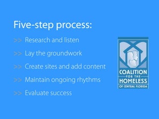 Five-step process:<br />&gt;&gt;  Research and listen<br />&gt;&gt;  Lay the groundwork<br />&gt;&gt;  Create sites and ad...