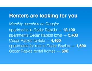 Renters are looking for you
Monthly searches on Google:
apartments in Cedar Rapids — 12,100
apartments Cedar Rapids Iowa — 5,400
Cedar Rapids rentals — 4,400
apartments for rent in Cedar Rapids — 1,600
Cedar Rapids rental homes — 590
 