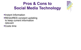 Pros & Cons to
           Social Media Technology
Instant Information           InstantInformation
REQUIRES constant up...