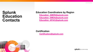 © 2023 SPLUNK INC.
Splunk
Education
Contacts
Education Coordinators by Region
Education_AMER@splunk.com
Education_EMEA@splunk.com
Education_APAC@splunk.com
Certification
Certification@splunk.com
 