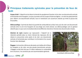5
Mesuressylvicolespréventivescontrelerisquedesfeuxdeforêt
Principaux traitements sylvicoles pour la prévention de feux de
forêt
Coupes d’abri : l’objectif est de réduire la densité du peuplement forestier et de créer une discontinuité verticale
et horizontale entre houppiers. Les plus courantes sont les coupes d’éclaircies légères : on retire les pieds dominés
pour obtenir une discontinuité verticale, tout en maintenant une couverture arborée qui limite la pousse des
broussailles.
Débroussaillage : il permet de réduire la quantité de combustible de surface mais aussi de créer une discontinuité
verticale entre le sol et les houppiers (le sous-étage sera moins dense). Les débroussaillages sont en général
sélectifs (pour ne pas nuire à la biodiversité) et de différente intensité en fonction des discontinuités initiales.
Sélection de rejets (espèces qui repoussent) : l’objectif est la
réduction partielle (plus ou moins intense) des repousses afin de
réduire la concurrence entre pieds et de créer une discontinuité
verticale et horizontale pour contribuer à la formation d’un couvert
forestier bien développé.
Élagages : les branches inférieures des pieds sont taillées afin d’élever
les houppiers et de créer une plus grande discontinuité verticale.
L’élagage ne doit être fait que s’il réduit réellement la vulnérabilité
de la structure, il ne constitue pas une recommandation générale.
Avant/après débroussaillage
 