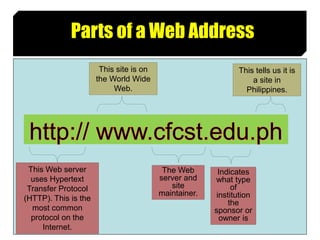 7
Parts of a Web Address
This Web server
uses Hypertext
Transfer Protocol
(HTTP). This is the
most common
protocol on the
Internet.
This site is on
the World Wide
Web.
The Web
server and
site
maintainer.
This tells us it is
a site in
Philippines.
Indicates
what type
of
institution
the
sponsor or
owner is
 